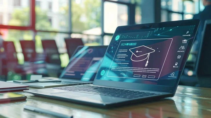 Laptop sitting on a desk with a graduation hat and tassel displayed on the screen.