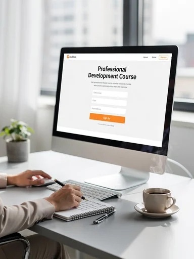 Person using a keyboard to sign up for a Professional Development Course that is displayed on a computer monitor.